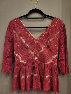 Maeve Anthropologie Red Lace V-Neck Peplum Top